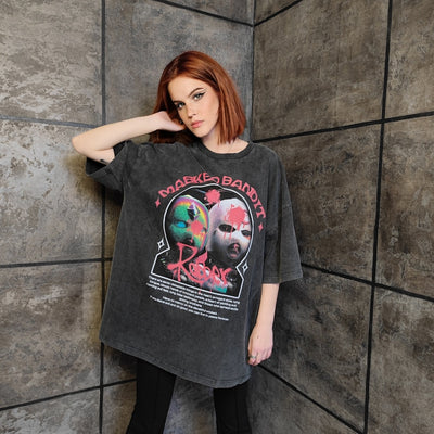 Balaclava print t-shirt premium vintage wash rapper tee grunge hip-hop top creepy mask jumper in acid grey