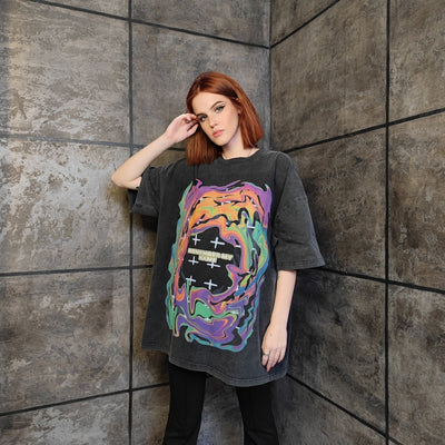 Flame print t-shirt premium rainbow tee vintage wash grunge top space jumper in acid grey