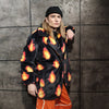 Flame print coat burning fire fleece trench luxury festival jacket fluffy grunge bomber in black orange