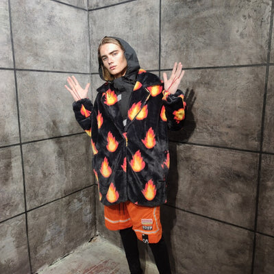 Flame print coat burning fire fleece trench luxury festival jacket fluffy grunge bomber in black orange