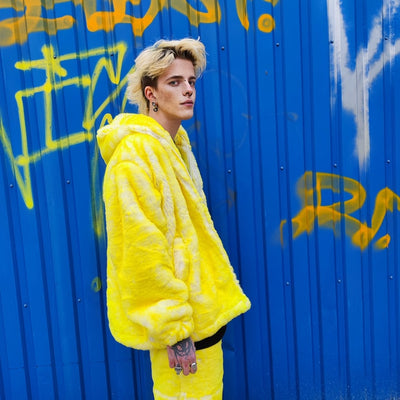 Faux fur luxury festival jacket handmade premium fleece jacket fluffy hooded coat grunge bomber tie-dye puffer in acid neon yellow