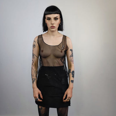 Sheer sleeveless t-shirt transparent tee see-through rocker top grunge mesh punk vest surfer tank top in black