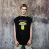 Psychedelic sleeveless t-shirt mushroom print tank rave top retro surfer vest panic slogan jumper in black