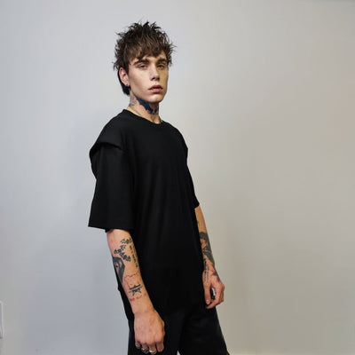 Shoulder padded t-shirt double layer tee grunge rocker jumper utility top unusual gorpcore t-shirt edgy baggy tee in black