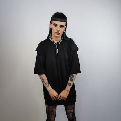 Shoulder padded t-shirt double layer tee grunge rocker jumper utility top unusual gorpcore t-shirt edgy baggy tee in black