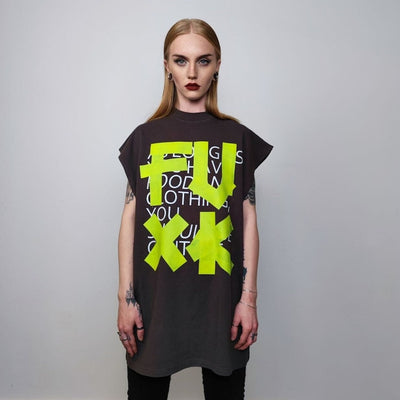 Fuck slogan sleeveless t-shirt punk tank rude print tee grunge rocker top retro surfer vest in grey