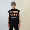 Fuck off sleeveless t-shirt rude slogan tank top rock singer tee flame print retro surfer vest in black