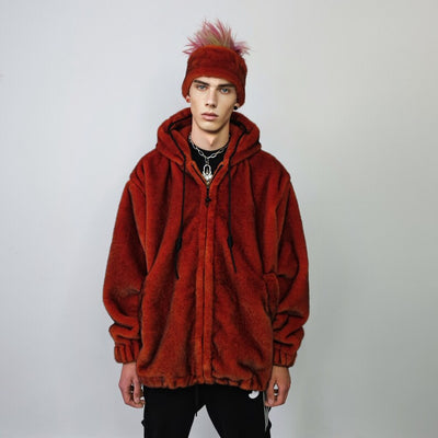 Luxury faux fur jacket handmade premium festival fleece coat fluffy hooded bomber grunge varsity tie-dye puffer in black red