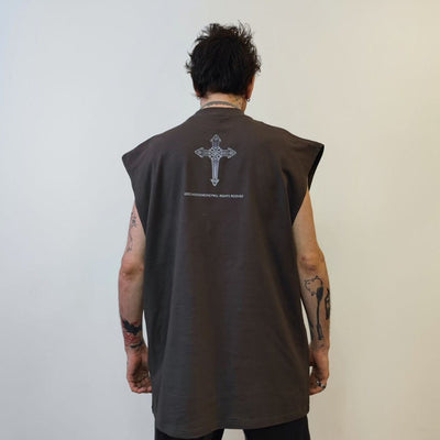 Sleeveless Gothic t-shirt statue print tank top grunge rocker jumper retro surfer vest in grey