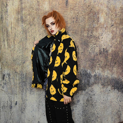 Emoji print fleece jacket fluffy smile bomber festival varsity raised neck cartoon track jacket grunge geometric coat in black yellow