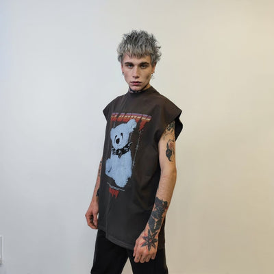 Punk bear sleeveless t-shirt teddy tank top choker print tee grunge gothic top retro surfer vest rocker jumper in grey