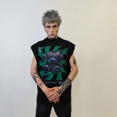 Cyberpunk sleeveless t-shirt mutant bear tank top psychedelic print tee creepy teddy top retro surfer vest in black
