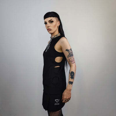 Cutout sleeveless t-shirt cyberpunk tank top distressed tee gothic festival top retro surfer vest cut out holes jumper in black