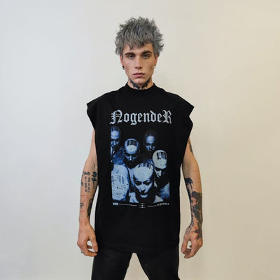 Punk sleeveless t-shirt skinhead print tank top grunge Gothic tee subculture top retro surfer vest in black