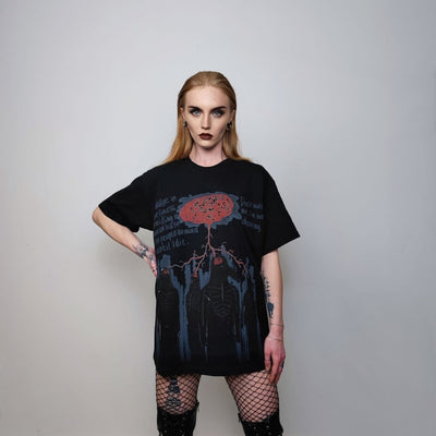 Raven print t-shirt Gothic crow tee grunge graffiti top punk scribble tshirt rocker jumper retro pattern creepy pullover in black