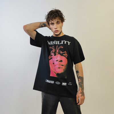 Gothic print t-shirt Nihility slogan tee grunge punk top 80s pattern jumper in black