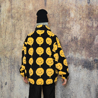 Emoji print fleece jacket fluffy smile bomber festival varsity raised neck cartoon track jacket grunge geometric coat in black yellow