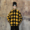 Emoji print fleece jacket fluffy smile bomber festival varsity raised neck cartoon track jacket grunge geometric coat in black yellow