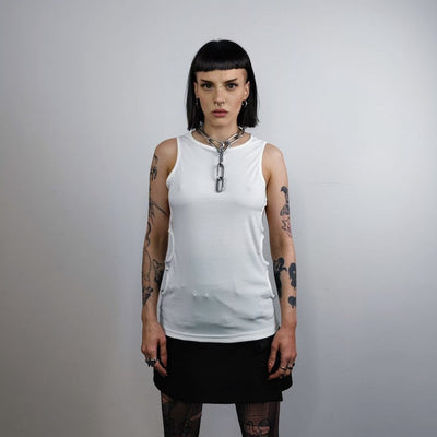 Cutout sleeveless t-shirt cyberpunk tank top distressed tee gothic festival top retro surfer vest cut out holes jumper in white