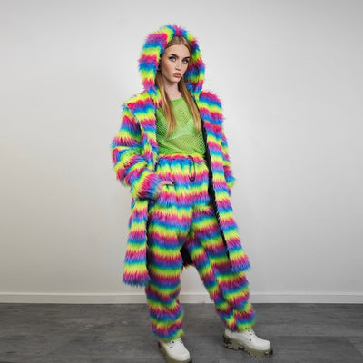 Rainbow shaggy fur coat longline striped carnival trench Gay overcoat fuzzy rave bomber Pride festival jacket LGBT custom fluffy peacoat
