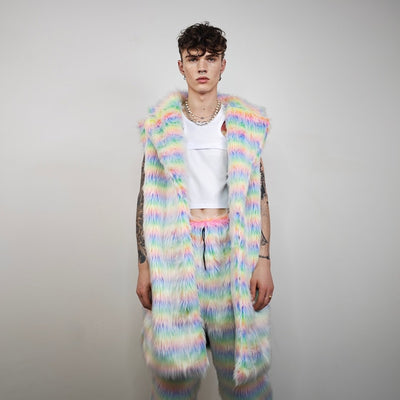 Striped shaggy fur coat longline pastel stripe carnival trench Gay overcoat fuzzy rave bomber Pride festival jacket LGBT custom peacoat