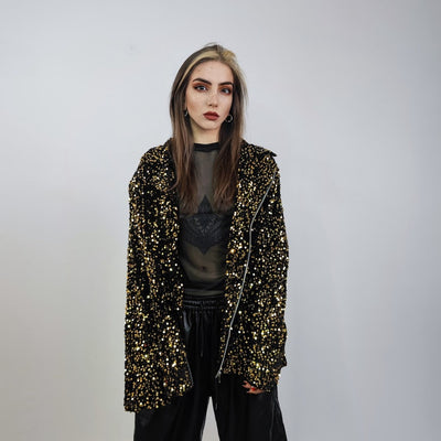 Sequin biker jacket black glitter bomber sparkle night club coat party blazer glam rock overcoat fancy dress embellished going out top