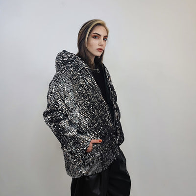 Silver sequin hooded bomber glitter jacket sparkle puffer party varsity festival fancy dress embellished coat going out top metallic grey