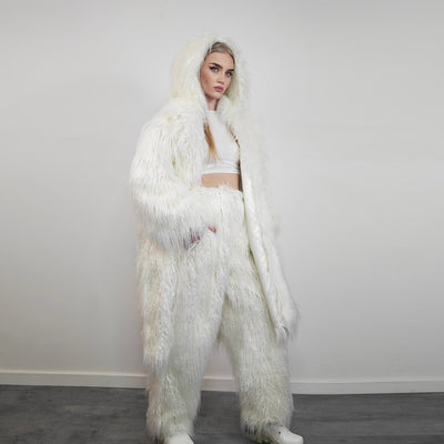 White shaggy fur coat longline hairy trench long hair overcoat fuzzy rave bomber festival jacket acid Burning man customizable peacoat