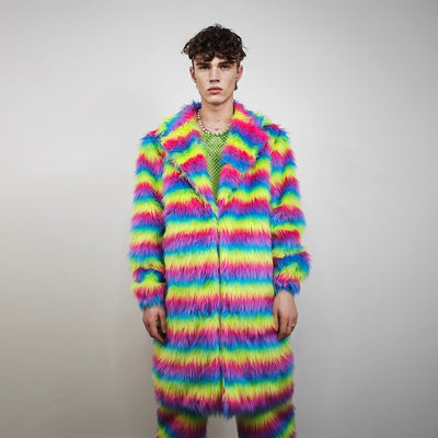 Striped shaggy fur coat longline pastel stripe carnival trench Gay overcoat fuzzy rave bomber Pride festival jacket LGBT custom peacoat