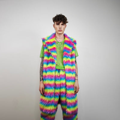 Rainbow shaggy fur coat longline striped carnival trench Gay overcoat fuzzy rave bomber Pride festival jacket LGBT custom fluffy peacoat