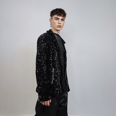 Sequin biker jacket black glitter bomber sparkle night club coat party blazer glam rock overcoat fancy dress embellished going out top