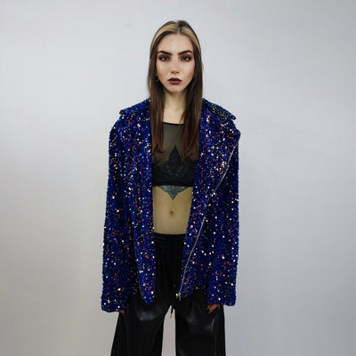 Sequin biker jacket purple blue glitter bomber sparkle night club coat party blazer glam rock overcoat fancy dress embellished going out top