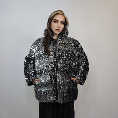 Silver sequin hooded bomber glitter jacket sparkle puffer party varsity festival fancy dress embellished coat going out top metallic grey