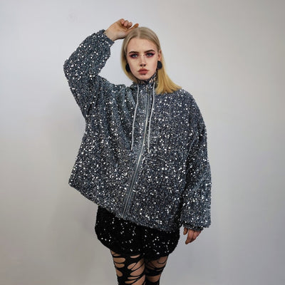 Silver sequin hoodie glitter pullover sparkle jumper party top glam rock long sleeve hooded top embellished sweatshirt in metallic grey