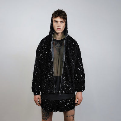 Black sequin hoodie glitter pullover sparkle jumper party top glam rock long sleeve hooded top embellished sweatshirt in dark