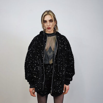 Black sequin hoodie glitter pullover sparkle jumper party top glam rock long sleeve hooded top embellished sweatshirt in dark