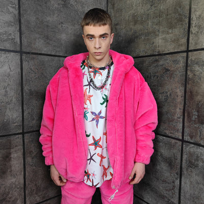 Pink fleece jacket handmade detachable fluffy bomber fluorescent faux fur premium Barbie coat in bright neon pink