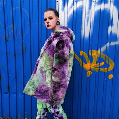 Tie-dye fleece jacket skater bomber handmade detachable trench coat fluorescent hooded faux fur gradient premium mac in purple and green