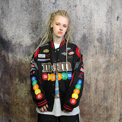 M&M candy motorcycle jacket patch Racer varsity vintage baseball denim letterman in black