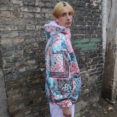 Pastel pink fleece jacket handmade reversible fluffy paisley bomber fluorescent faux fur premium Barbie bandanna coat in faded pink