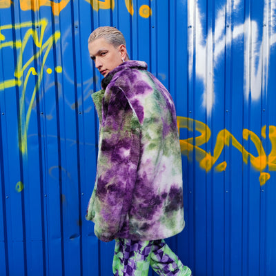 Tie-dye fleece jacket skater bomber handmade detachable trench coat fluorescent hooded faux fur gradient premium mac in purple and green