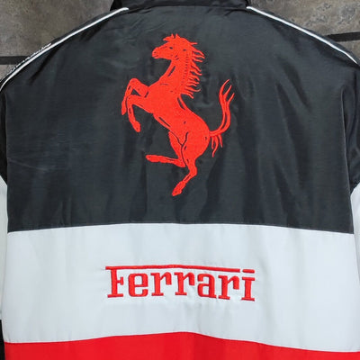F1 racing jacket multi patch Ferrari motorcycle varsity vintage Formula one letterman bomber premium biker jacket in red black white