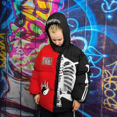 Skeleton puffer split color bomber jacket grunge varsity red