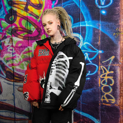 Skeleton puffer split color bomber jacket grunge varsity red