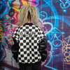 Drop shoulder varsity jacket faux leather check jacket black