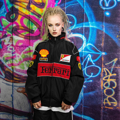 F1 racing jacket multi patch Ferrari motorcycle varsity vintage Formula one letterman bomber premium biker jacket in black red