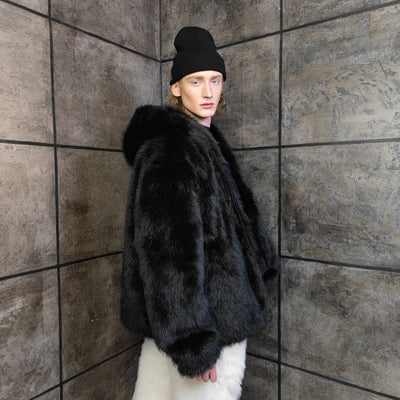 Faux fur luxury jacket handmade premium fleece jacket fluffy hooded coat in black