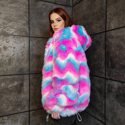 Festival fleece jacket handmade detachable fluffy rave bomber fluorescent faux fur premium grunge top raver coat in pink blue