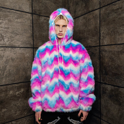 Festival fleece jacket handmade detachable fluffy rave bomber fluorescent faux fur premium grunge top raver coat in pink blue