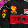 F1 racing jacket multi patch Ferrari motorcycle varsity vintage Formula one letterman bomber premium biker jacket in black red